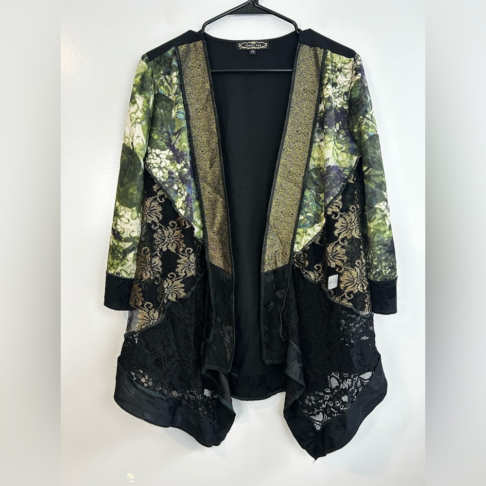 Violet Kay Black/Gold Open Front Asymmetrical Lace/Floral Kimono/Jacket Medium